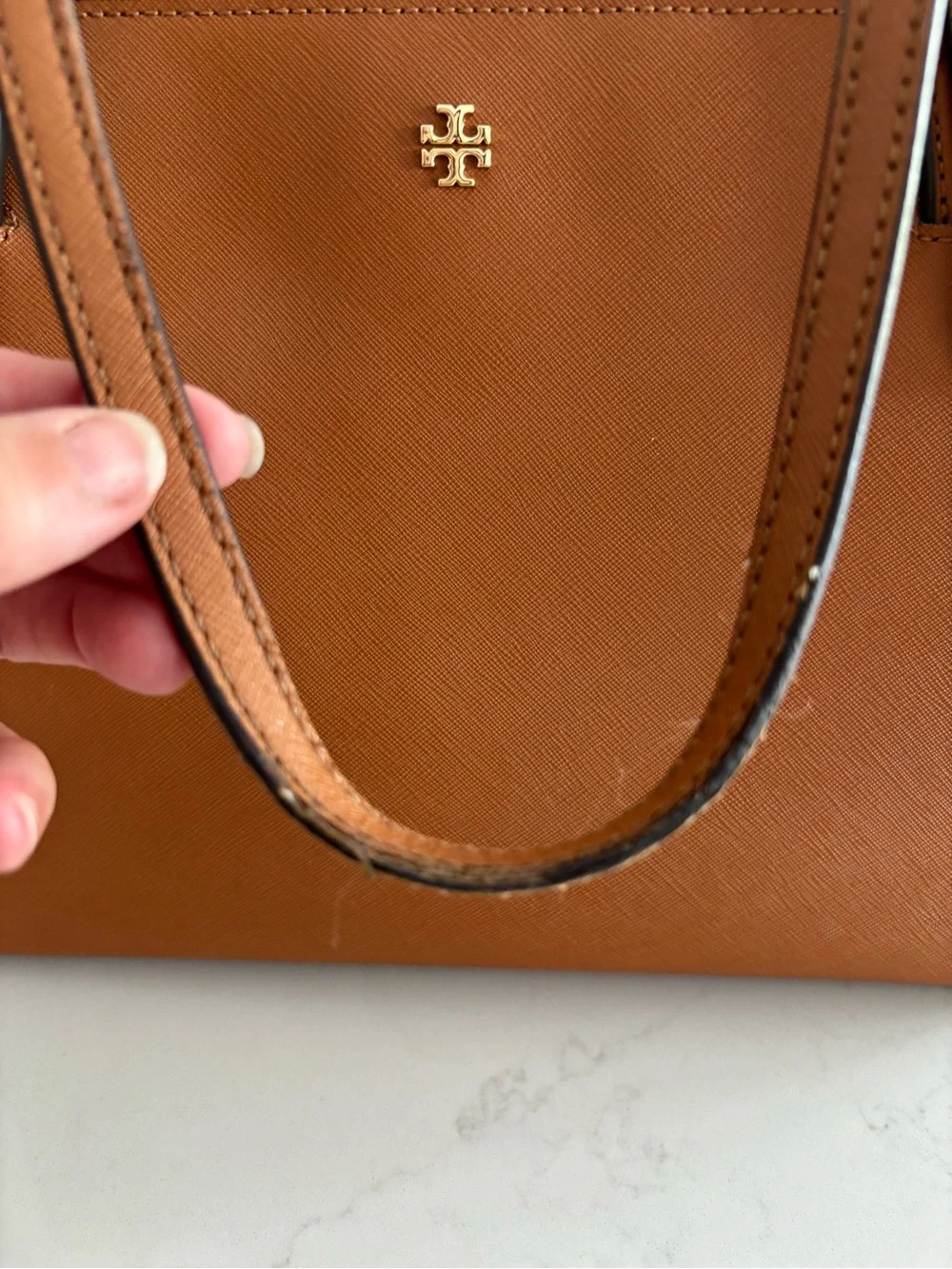 Tory Burch Saffiano Leather Tote in Cognac with Gold Logo